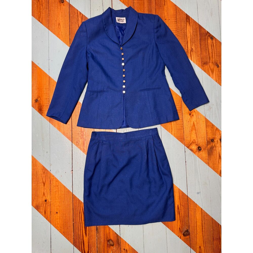 Vintage Morgan Miller Royal Blue Suit Women's Size 12 Gold Button Career Lined - Picture 2 of 13